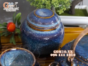 Bộ ấm chén hạt to men hỏa biến xanh đá, đầy đủ phụ kiện