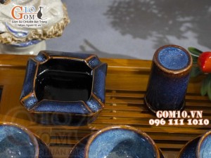 Bộ ấm chén hạt to men hỏa biến xanh đá, đầy đủ phụ kiện