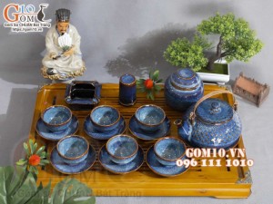 Bộ ấm chén hạt to men hỏa biến xanh đá, đầy đủ phụ kiện