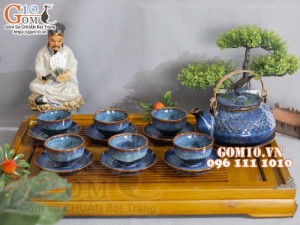 Bộ ấm chén hạt to men hỏa biến xanh đá