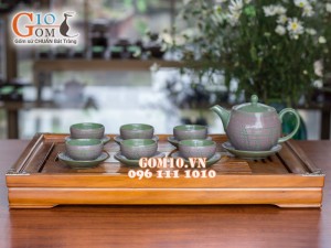 Bộ ấm chén dáng cao gốm hồng sa, khắc cỏ xanh 350ml