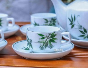 Bộ ấm chén Hồng kong men trắng vẽ tre