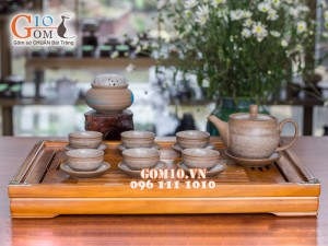 Bộ ấm chén dáng cao gốm hồng sa, quẹt trắng 350ml