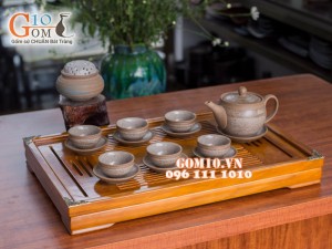 Bộ ấm chén dáng cao gốm hồng sa, quẹt trắng 350ml