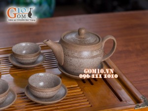 Bộ ấm chén dáng cao gốm hồng sa, quẹt trắng 350ml