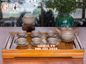 Bộ ấm chén dáng cao gốm hồng sa, quẹt trắng 350ml