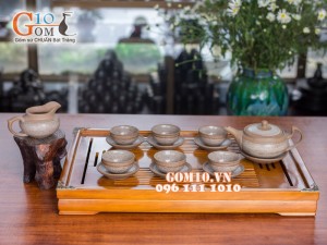 Bộ ấm chén dáng dẹt gốm hồng sa, quẹt trắng, 300ml