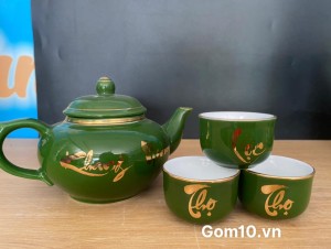 Bộ ấm chén lẻ men màu xanh họa tiết Phúc Lộc Thọ vàng kim