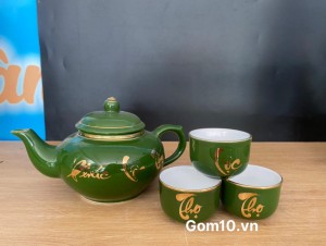 Bộ ấm chén lẻ men màu xanh họa tiết Phúc Lộc Thọ vàng kim
