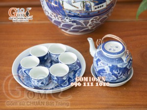 Bộ ấm chén long ẩn men lam cổ, khay tròn 350ml