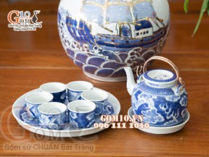 Bộ ấm chén long ẩn men lam cổ, khay tròn 350ml