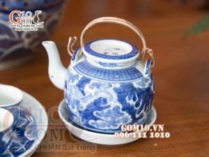 Bộ ấm chén long ẩn men lam cổ, khay tròn 350ml