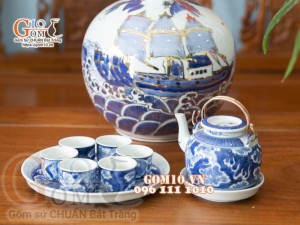 Bộ ấm chén long ẩn men lam cổ, khay tròn 350ml