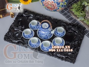 Bộ ấm chén long ẩn vung lõm men lam cổ