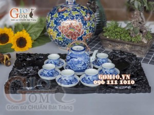 Bộ ấm chén long ẩn vung lõm men lam cổ