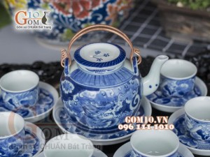 Bộ ấm chén long ẩn vung lõm men lam cổ