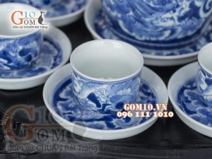 Bộ ấm chén long ẩn vung lõm men lam cổ