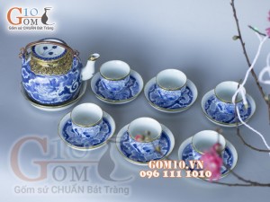 Bộ ấm chén long ẩn vung lõm men lam cổ, bọc đồng 