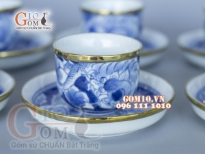 Bộ ấm chén long ẩn vung lõm men lam cổ, bọc đồng 