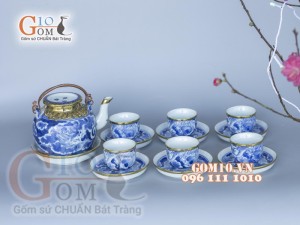 Bộ ấm chén long ẩn vung lõm men lam cổ, bọc đồng 