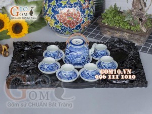 Bộ ấm chén long ẩn vung lõm men lam cổ