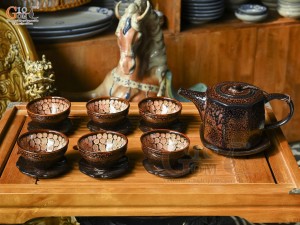 Bộ ấm chén lục giác men băng tuyết vẩy rồng, chén màu 400ml