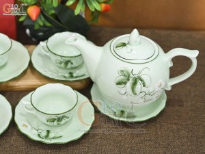 Bộ ấm chén mẫu đơn men ngọc vẽ hoa Bưởi, 650ml