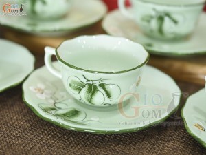 Bộ ấm chén mẫu đơn men ngọc vẽ hoa Bưởi, 650ml