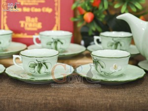 Bộ ấm chén mẫu đơn men ngọc vẽ hoa Bưởi, 650ml