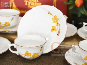 Bộ ấm chén mẫu đơn men trắng vẽ hoa Mai vàng, 650ml