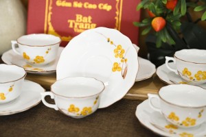 Bộ ấm chén mẫu đơn men trắng vẽ hoa Mai vàng, 650ml
