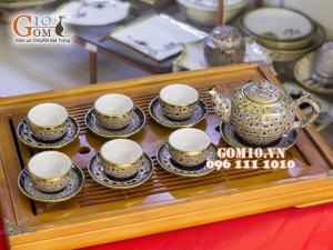 Bộ ấm chén men báo dáng gốc cây 350ml, bọc đồng