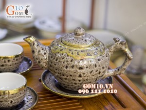 Bộ ấm chén men báo dáng gốc cây 350ml, bọc đồng