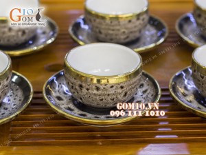 Bộ ấm chén men báo dáng gốc cây 350ml, bọc đồng