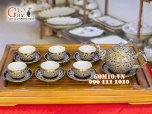 Bộ ấm chén men báo dáng gốc cây 350ml, bọc đồng