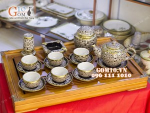 Bộ ấm chén men báo dáng gốc cây 350ml bọc đồng, đầy đủ phụ kiện