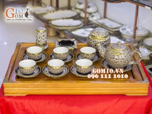 Bộ ấm chén men báo dáng gốc cây 350ml bọc đồng, đầy đủ phụ kiện