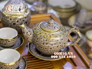 Bộ ấm chén men báo dáng gốc cây 350ml bọc đồng, đầy đủ phụ kiện