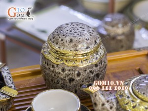 Bộ ấm chén men báo dáng gốc cây 350ml bọc đồng, đầy đủ phụ kiện