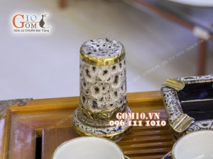 Bộ ấm chén men báo dáng gốc cây 350ml bọc đồng, đầy đủ phụ kiện