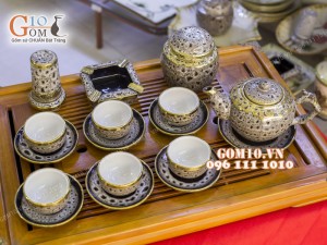 Bộ ấm chén men báo dáng gốc cây 350ml bọc đồng, đầy đủ phụ kiện