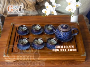 Bộ ấm chén men thanh điểu CỐT GỐM quai tròn, chỉ nâu 350ml