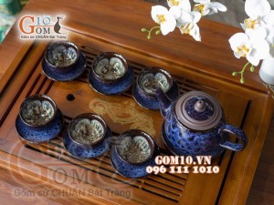 Bộ ấm chén men thanh điểu CỐT GỐM quai tròn, chỉ nâu 350ml