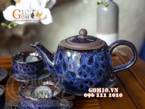 Bộ ấm chén men thanh điểu CỐT GỐM quai tròn, chỉ nâu 350ml