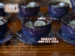 Bộ ấm chén men thanh điểu CỐT GỐM quai tròn, chỉ nâu 350ml