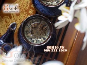 Bộ ấm chén men thanh điểu CỐT GỐM quai tròn, chỉ nâu 350ml