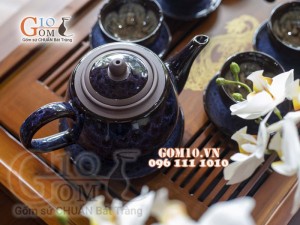 Bộ ấm chén men thanh điểu CỐT GỐM quai tròn, chỉ nâu 350ml