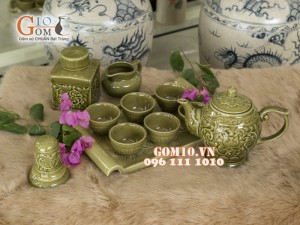 Bộ ấm chén men cổ dáng quả đào, khay chữ nhật - đầy đủ phụ kiện