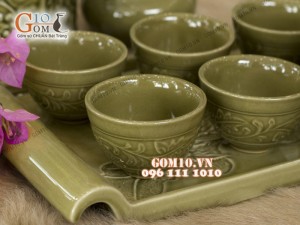 Bộ ấm chén men cổ dáng quả đào, khay chữ nhật - đầy đủ phụ kiện
