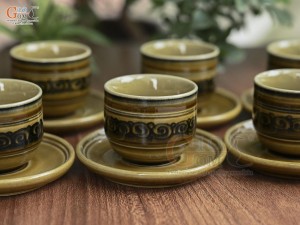 Bộ ấm chén men cổ khắc phố cổ màu vàng rêu, 350ml